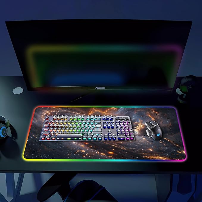 RGB Gaming Mouse Pad, Large Mousepad with Led Light, Gaming Accessories Keyboard Pad for Desk, Non-Slip Rubber Base Big Mouse Mat for Gamer, 31.5 X 11.8 Inch, Golden Galaxy