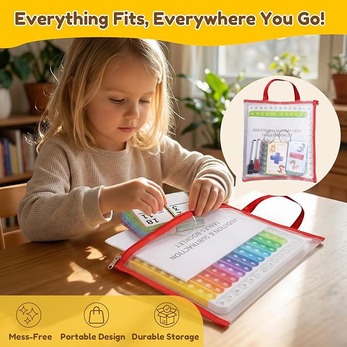 JoyCat Addition and Subtraction Flash Cards with Addition Toy,144 Flashcards for Pre K,1st,2nd,3rd 4th Grade,Math Manipulatives Tools for Homeschool, Classroom & Travel,with Workbook, Markers & Rings