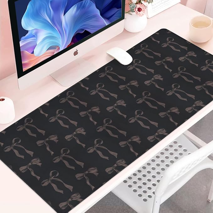 Black Bow Mouse Pad, Extra Large 35.4 x 15.7in Black Mouse Pad with Bows, Full Desk Mat Keyboard Mat Cute Girly Computer Pad Home Office Accessories Desk Decor, Non-Slip Rubber Base Gaming Mousepad