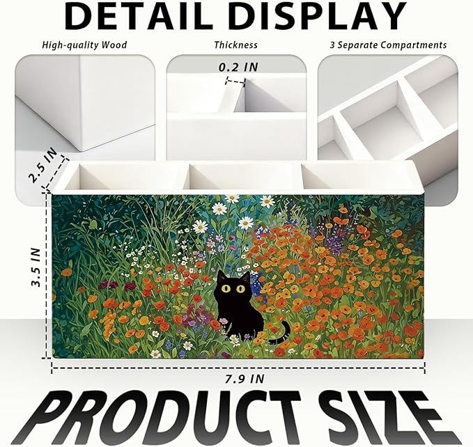 Black Cat Pen Pencil Holder for Desk, Black Cat Mom Lady Lovers Gifts for Women, Pet Lover Gifts, Cottagecore Wildflower Kitten Wooden Box Sign Decorations for Home Office Desk Tabletop