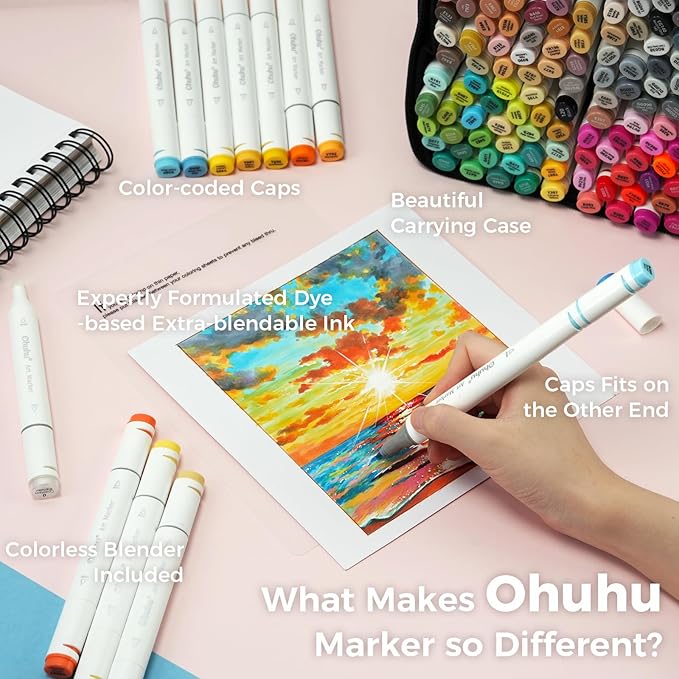 Ohuhu Alcohol Markers 200 Colors - AP Certificated Double Tipped Art Marker Set for Artists Adults Coloring Sketch Illustration - Chisel and Fine Dual Tips - Oahu of Ohuhu Markers - Refillable