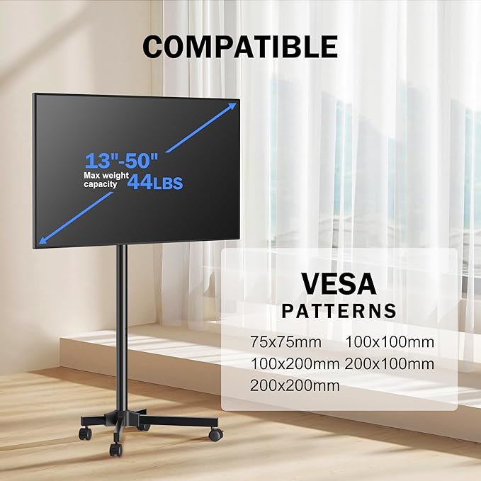 Mobile TV Carts, Rotating Rolling TV Stand on Wheels for 13-50" Flat/Curved TVs Height Adjustable 30° Tilt Floor TV Stand Portable Monitor Stand Holds up to 44lbs Max VESA 200x200mm ML1350