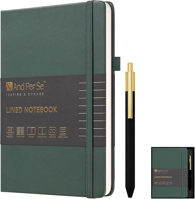 &And Per Se Lined Journal and Pen Set, A5 Leather Journal Stationery Set, 160 Pages 100GSM Thick Paper, Notebook Gift Set (Green)