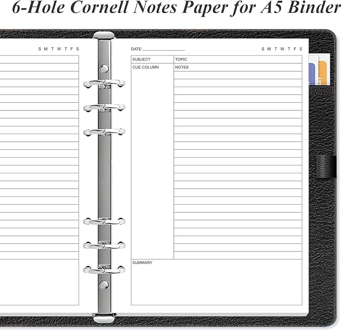 Cornell Notes Filler Paper for A5 Binder - 6 Hole Cornell Notes Refills Paper, 50 Sheets/100 Pages, 100gsm, White, 5.8'' x 8.5''