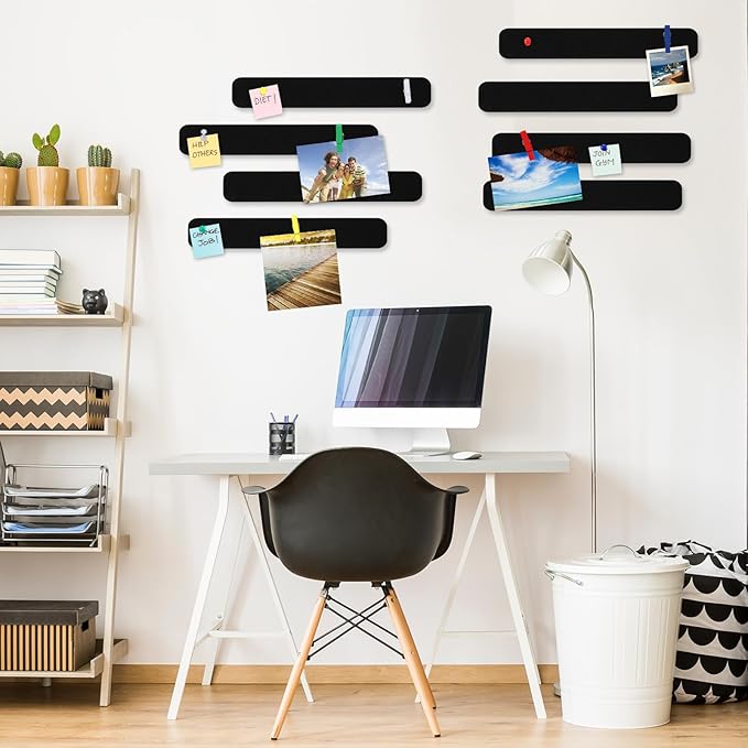 8 Pcs Felt Pin Board Bar Strips Bulletin Board 50 Pushpins and 10 Wooden Clip Pins Self Adhesive Cork Boards for Offices Home Wall Display Photos, Paste Notes, Schedules(Black)