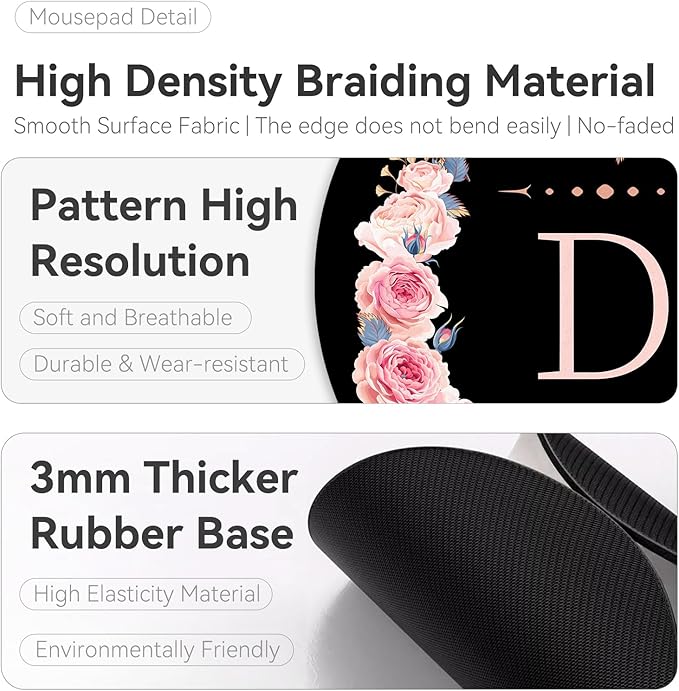 Letter D Black and Pink Flowers Round Mouse Pad, Funny Small Mouse Mat with Non-Slip Rubber Base, Home Office Decor Desk Accessory, 8.7inch Round