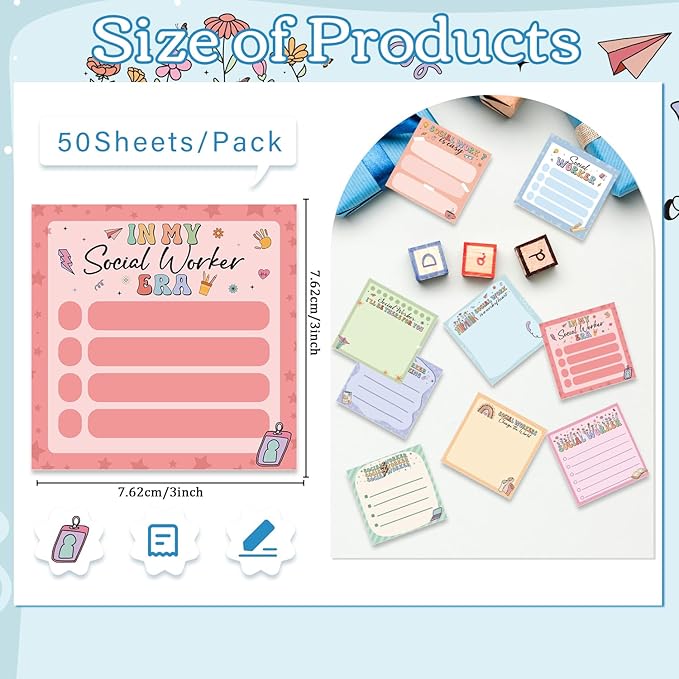 Social Worker Sticky Notes Gifts, 9 Pack Social Worker Appreciation Notepads 3x3 Inches, Social Work Writing Memo Pads School Office Supplies Gifts for Women Men (450 Sheets)