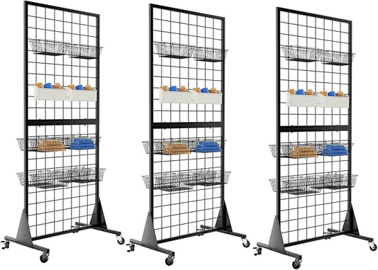 3-Pack Gridwall Panel Display Stand, 2'x5.5' Heavy Duty Floor Standing Rack with Detachable Girdwall, Movable Silent Wheel, Easy to Transport, Ideal for Retail & Craft Fairs
