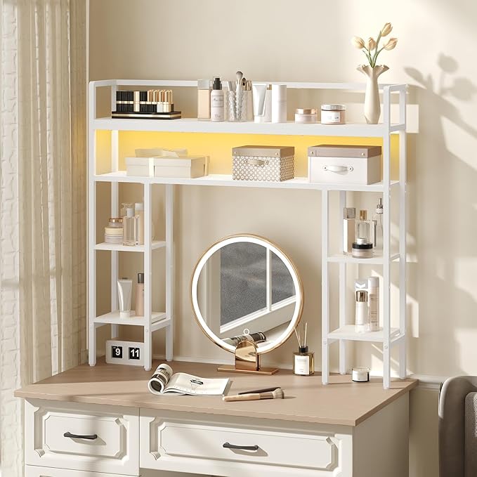 Desktop Shelf with LED Light Strip, Desktop Hutch with Adjustable Feet and Anti-Tip Kit, Storage Shelf with Particleboard Shelves and Wire Mesh, for Study, Home Office, White DSWT9801