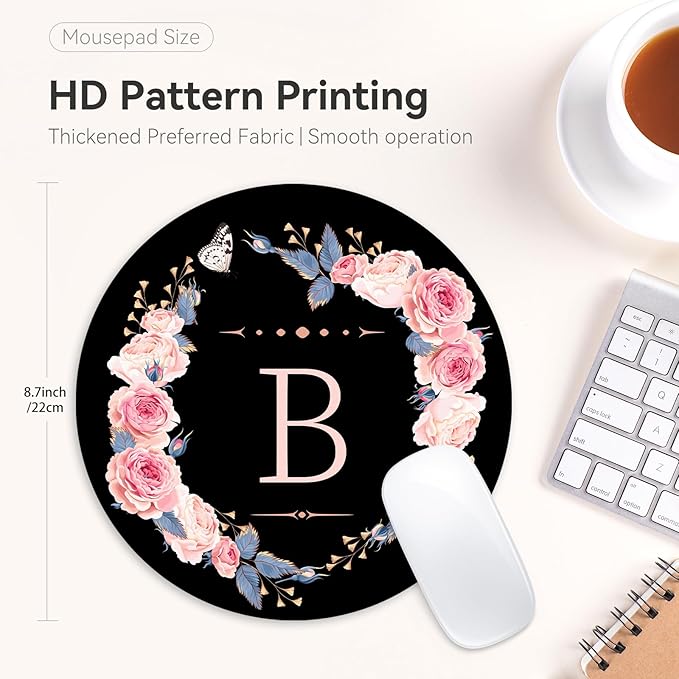 Letter B Black and Pink Flowers Round Mouse Pad, Funny Small Mouse Mat with Non-Slip Rubber Base, Home Office Decor Desk Accessory, 8.7inch Round