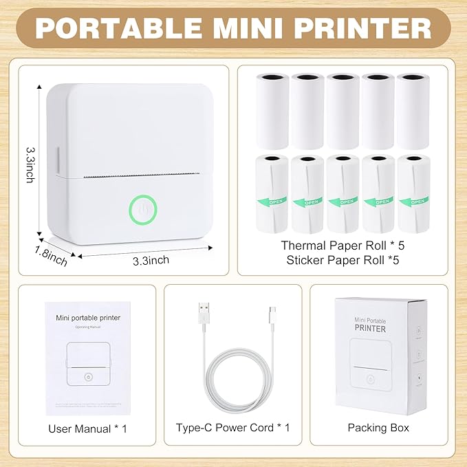 cudinham Print Pods Mini Printer, Sticker Printer with 10 Rolls Thermal Printing Paper, Inkless Pocket Printpod for Phone, Impresora Portátil for Notes, DIY, Compatible with iOS & Android (White)