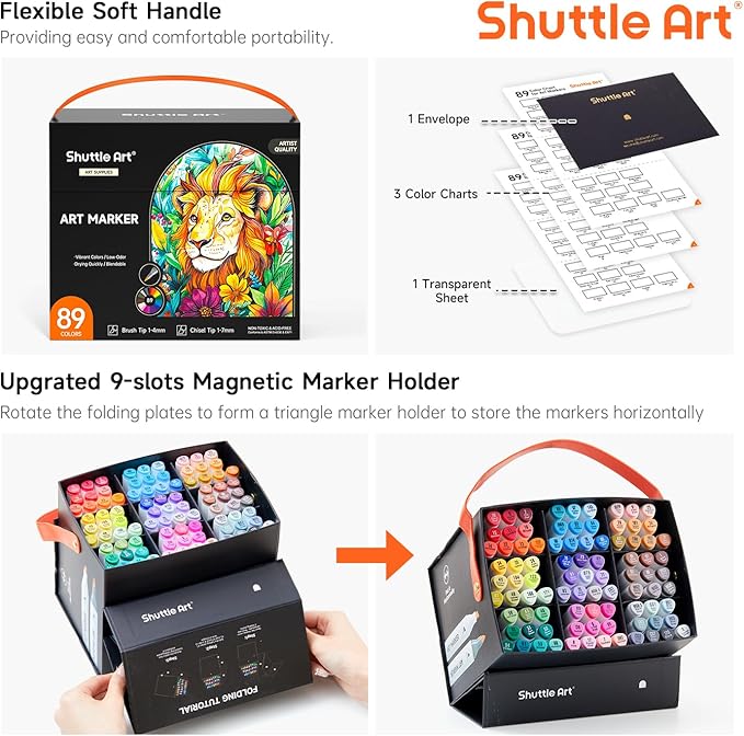 Shuttle Art Brush Tip Alcohol Markers, Dual Tip Brush & Chisel Tip Art Marker Set, 89 Colors Marker Pens with Organized Case Perfect for Illustration Kids Students Adults Coloring Sketching