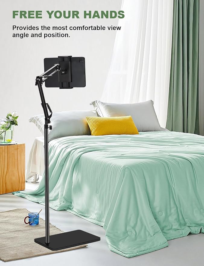 Tablet Floor Stand with 7.2 lb Weight, Overhead Bed Phone Mount Height Adjustable Arm Stretchable Stand Holder, Compatible with iPad mini Air Pro, Galaxy Tab, Kindle, Switch, Cell Phones