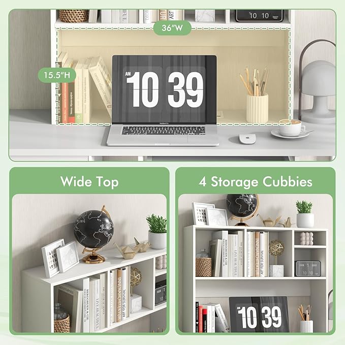 Desk Hutch, Desktop Shelf with 4 Shelves, Desk Bookshelf w/Anti-Toppling Devices, Wood Table Top Bookshelf Organizer, Small Desk Shelf for Study, Office, Dorm (White, 4 Shelves)