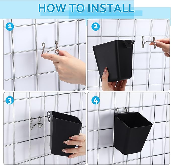 6 Pack Large Gridwall Cups Gridwall Storage Bin with Hooks Hanging Baskets Square Box Shape Hanging Cup Holder Gridwall Accessories for Garage Workbench Office Playroom Home Kitchen(Black)
