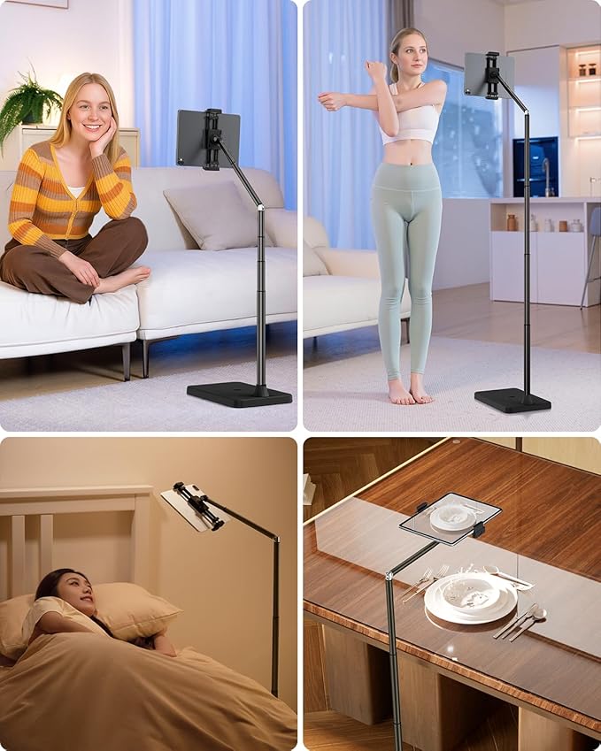 Viozon Tablet Floor Stand, Height & Angle Adjustable Tablet Holder with Aluminum Alloy Arm Tube, 360° Rotation for Bed, Sofa, Desk, Compatible with 3.5-11'' iPad Pro/Air/Mini, iPhone 15/14, Kindle，B