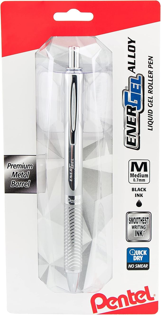 Pentel Energel Alloy Retractable Liquid Gel Pen, (0.7mm) Medium Line, Silver Barrel, Black Ink, 1 Pack (BL407BP)
