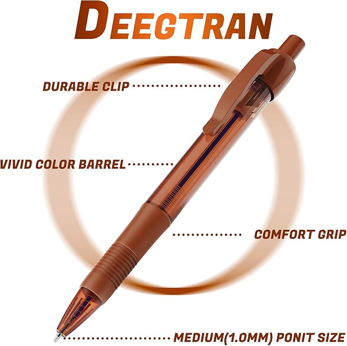 deegtran Pens Bulk, 30 Pack No Bleed Brown Ink Click Pens with Soft Grip, Wholesale Retractable Ballpoint Pens for Office School, Medium Point Smooth 1.0MM