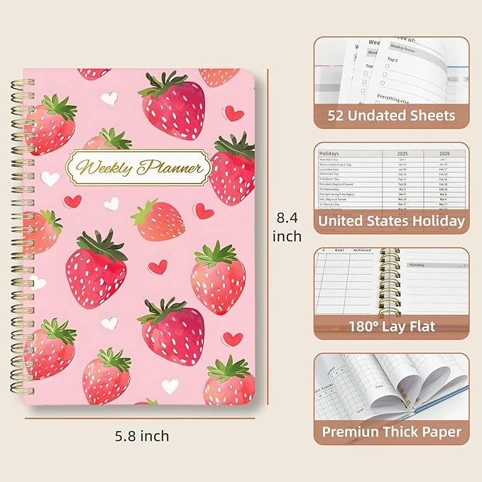Weekly Planner Undated - 52 Weeks To Do List Notebook A5 for Work: Weekly Task, Habit Tracker Journal, Goal Setting, Agenda Sprial Bound Organizer Book Women Cute Stylish Design, Strawberry