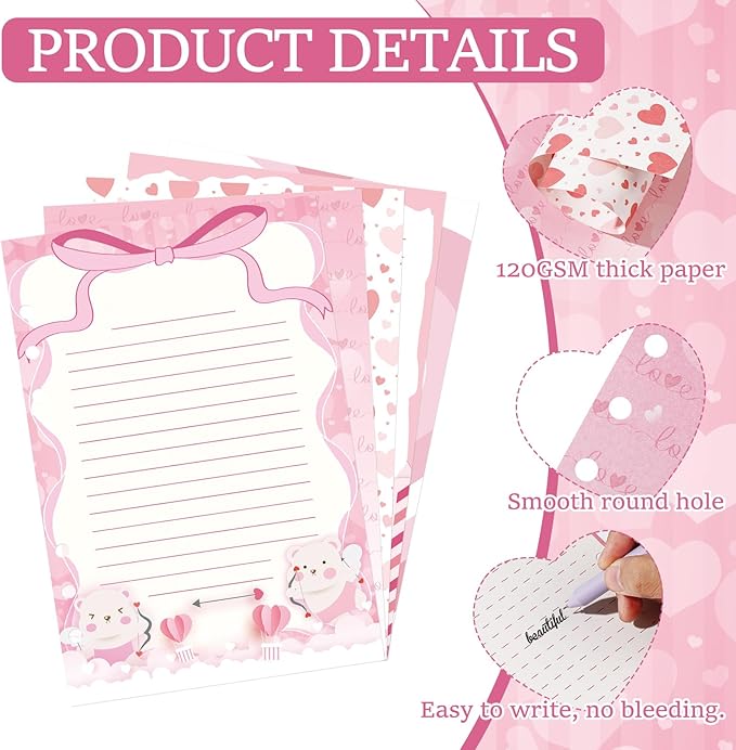 100 Sheets Pink Love Heart A5 Planner Inserts - 120GSM Thick Refill Paper for A5 6-Ring Binder, Cute Bear Loose Leaf Sheets for Journal Diary Budget Planning