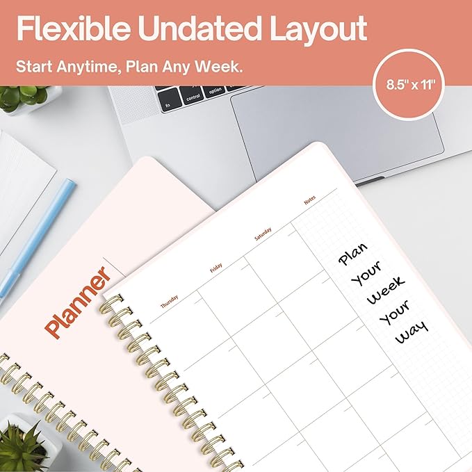 Undated Weekly Planner, 8.5x11” – Dashboard Layout with Yearly Review, Monthly Calendars, & Weekly To Do List, Spiral Bound Organizer for Work, Study & Life (Blush White)