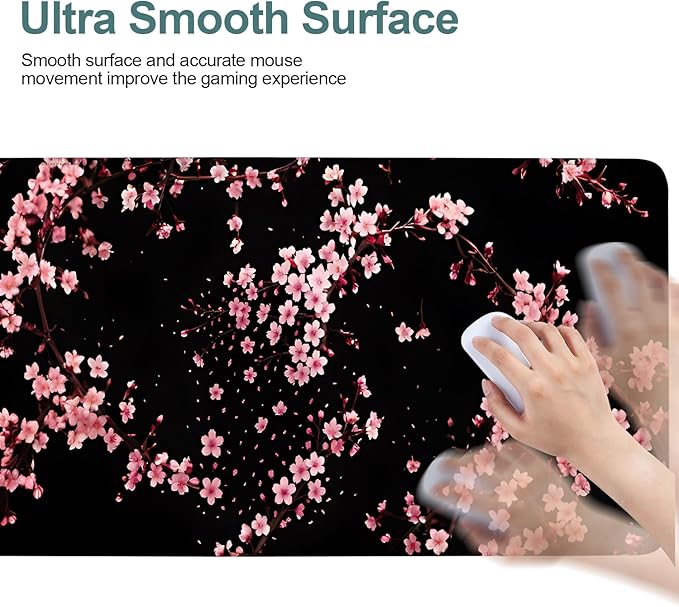 Cherry Blossom Falling Extended Gaming Mouse Pad XL 31.5"x11.8" – Pink Floral Desk Mat – Non-Slip Rubber Base, Stitched Edges