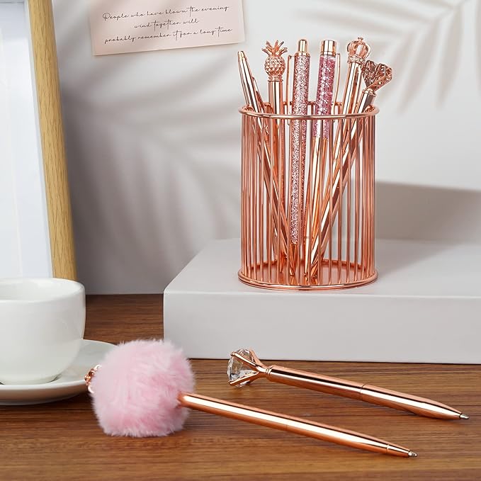 WEMATE 8Pcs Ballpoint Pens Set Metal Crystal Diamond Pen Glitter for Journaling Pen Bling in Black & Blue Ink Pretty Cute Pens Fancy Pens Mother's Day Gifts for Women Wedding School Office (Rose Gold)