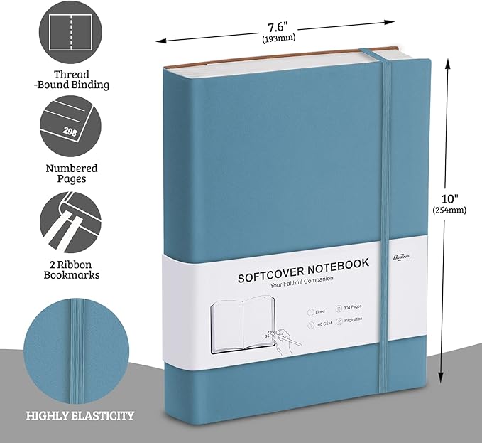 Lined Journal Notebook - 304 Numbered Pages Thick Journals for Women, Large B5 (7.6'' X 10'') College Ruled Notebook for Writing, 100gsm Thick Paper, Leather Softcover, for Men Work School, Blue