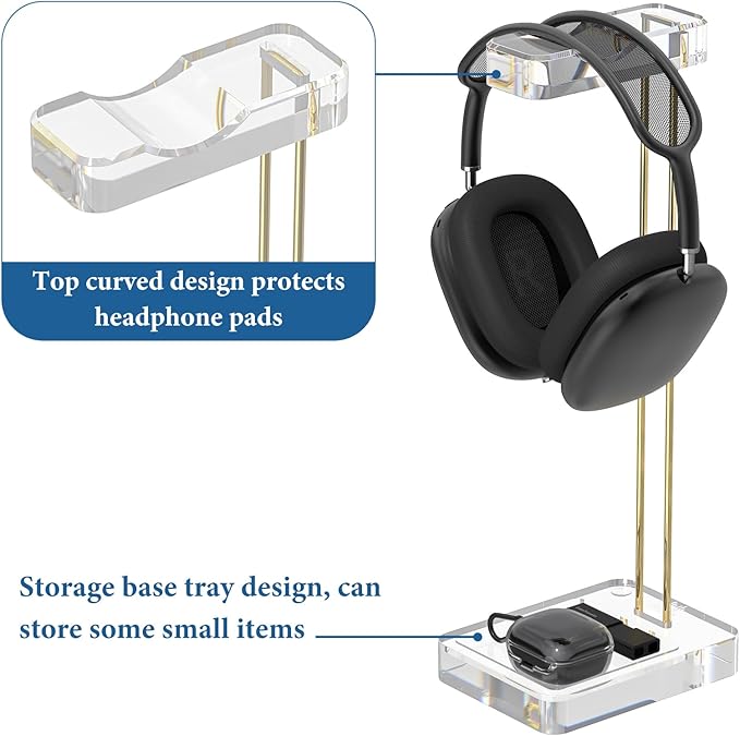 GEEKRIA Acrylic Headphones Stand, Headset Holder for Office Accessories, Clear Acrylic with Gold-Tone Hardware, Gaming Headset Stand, Universal Headphone Holder for Desktop Display (Clear)