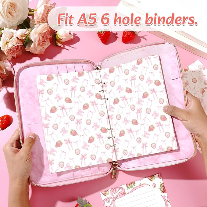 100 Sheets Strawberry A5 Refills Papers for Planner Insert Binder, 120GSM Thick Watercolor Strawberry Pink Bow Notebook Fillers, Cute Fruit 6 Hole Loose Leaf Papers for A5 6 Ring Binder Journal Diary