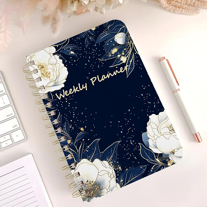 Weekly Planner Undated - 52 Weeks To Do List Notebook A5 for Work: Weekly Task, Habit Tracker Journal, Goal Setting, Agenda Sprial Bound Organizer Book Women Cute Stylish Design, Blue Flower