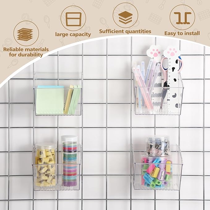 4 Pack Gridwall Baskets Hanging Gridwall Clear Acrylic Grid Wall Panels Bins Applicable to 3-inch Grid Board for Organizing Storage Display Kitchen Home Office Garage Bathroom(Classic Style)