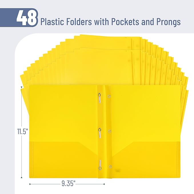 Mr. Pen- Plastic Folders with Pockets and Prongs, 48 Pack, Letter Size, Yellow, Flexible Plastic Folders with Prongs and Card Slot