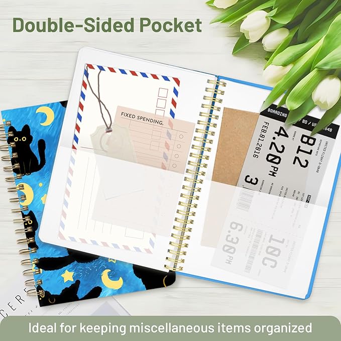 Stanoha Cute Spiral Notebook A5 Journal for Women Girls Kawaii Aesthetic Pretty Floral Design with Pocket, 8.5 x 5.7 inch, Line, Blue Black Cat