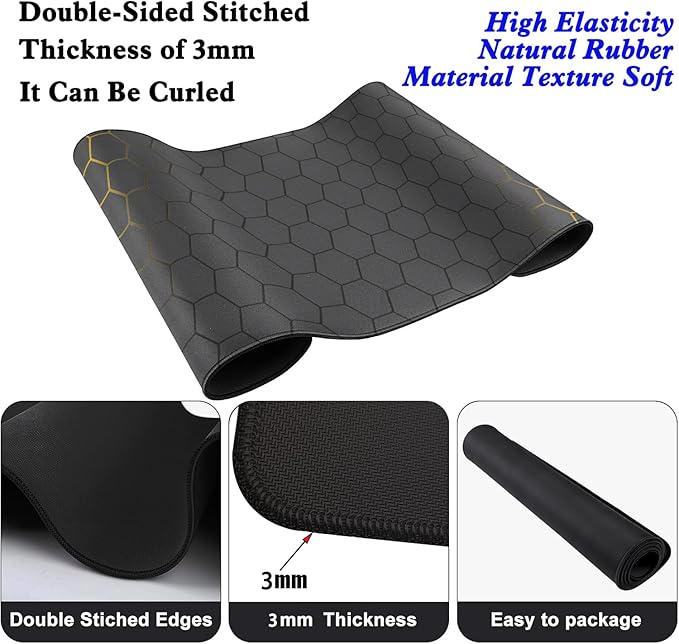 Black Gold Honeycomb Desk Pad Mouse Pad,Extend XL Mouse Mat with Stitched Edges,Non-Slip Rubber Base Large Mousepad for Office PC Keyboard Laptop and Home Work Desk Mat(31.5X11.8 in)