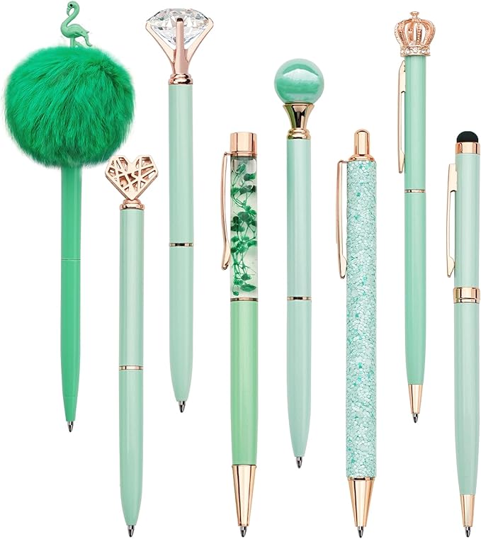 WEMATE 8Pcs Metal Crystal Diamond Ballpoint Pens Set - Glitter Green With Black & Blue Ink - Bling Fancy Gifts for Women, Wedding, School, Office Desk