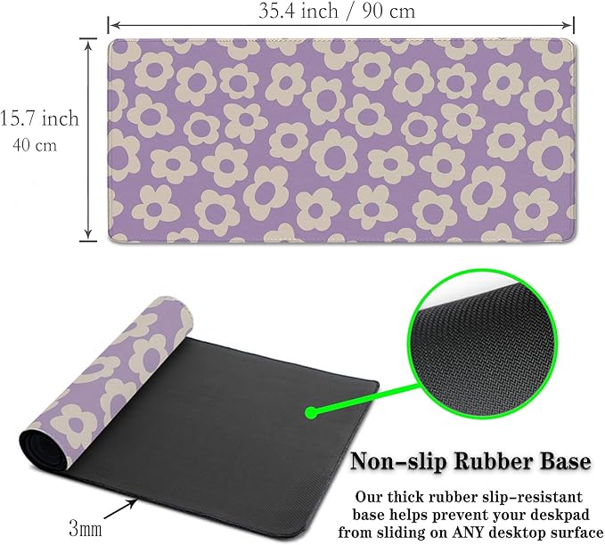 Gaming Mousepad Purple Girl Boss Office Decor Desktop Mats Desk Stuff for Woman Large Mouse Pad XXL Mats Non-Slip Rubber Base 35.4" X 15.7" for Game Office, Vintage Groovy Flowers