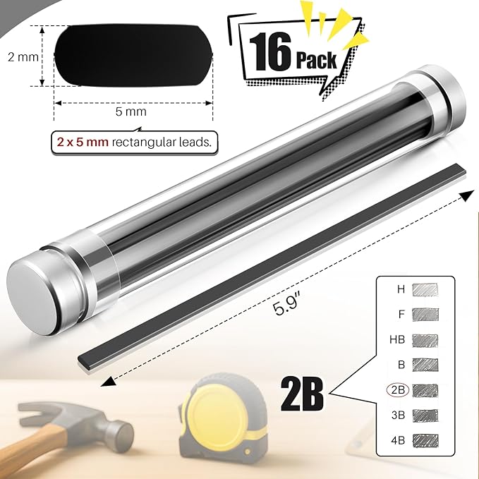 Dreyoo 16 Piece 2x5mm 5.9 Long Graphite Refills, 2B Heavy Duty Replacement Mechanical Carpenter pencil Leads for Architect Construction Woodworking Metal