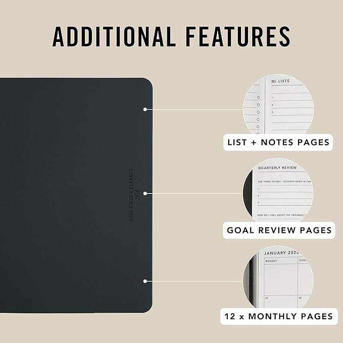 MI GOALS Goal Digger Daily Planner 2026 | Dated Journal for Gratitude, Progress & Habit Tracking | Day-To-A-Page B5 (Black)