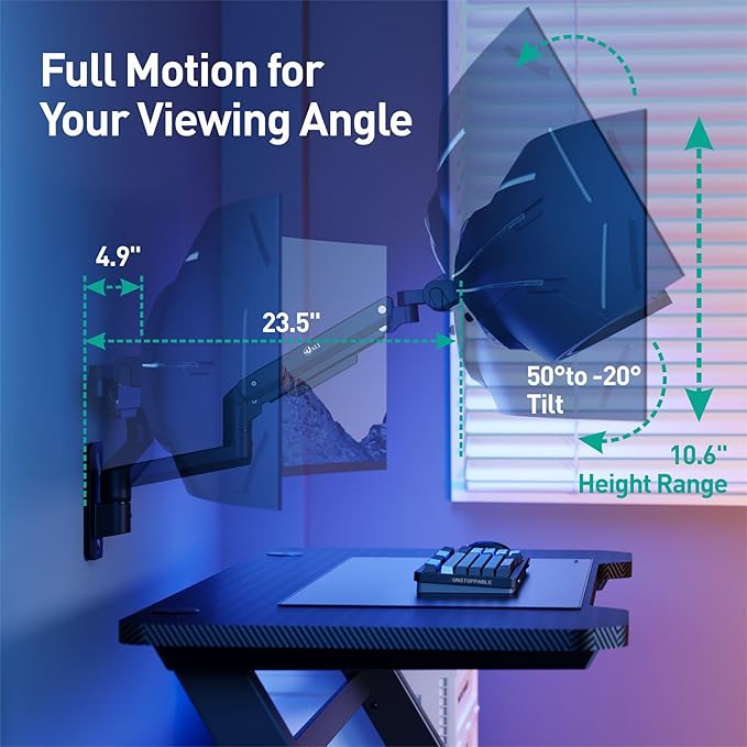 WALI Monitor Wall Mount for 17-49 Inch Ultrawide Screens, Heavy Duty Single Monitors Mount Holds 44 lbs, Full Adjustable Gas Spring Wall Mount Monitor Arm, 75x75/100x100mm VESA (GSWM001XL-P), Black