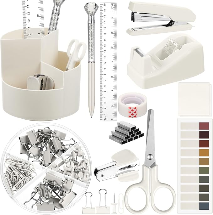 Marspark Office Desk Accessories 12 Pcs Office Supplies Set 360° Rotating Pen Holder, Stapler, Tape Dispenser, Scissor, Sticky Notes, Binder Clips, Desk Organizers Gift for School (Beige)