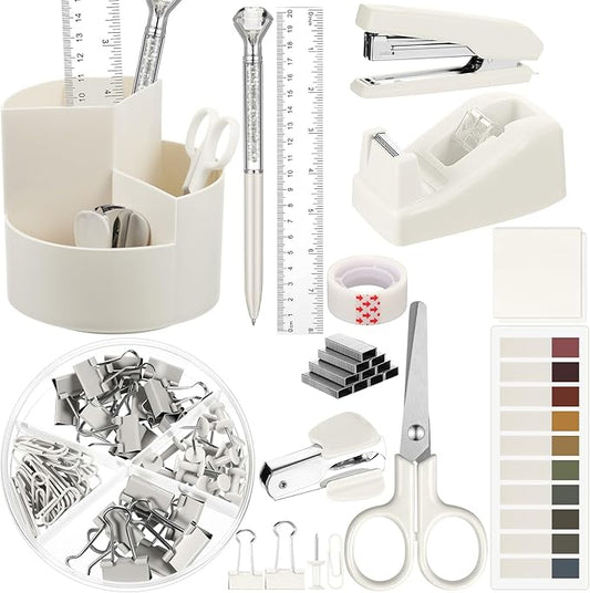Marspark Office Desk Accessories 12 Pcs Office Supplies Set 360° Rotating Pen Holder, Stapler, Tape Dispenser, Scissor, Sticky Notes, Binder Clips, Desk Organizers Gift for School (Beige)