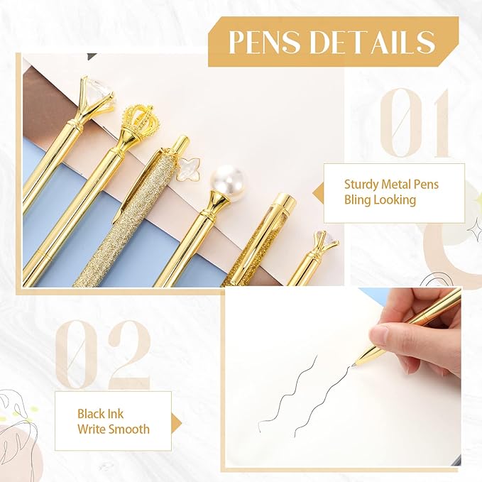 Janmini 9 Pcs Ballpoint Pens Set Metal Crystal Diamond Glitter Pens for Journaling Black Ink Pretty Cute Things Fancy Stationery Gifts for Women Girls Birthday Home Office Desk(Gold)