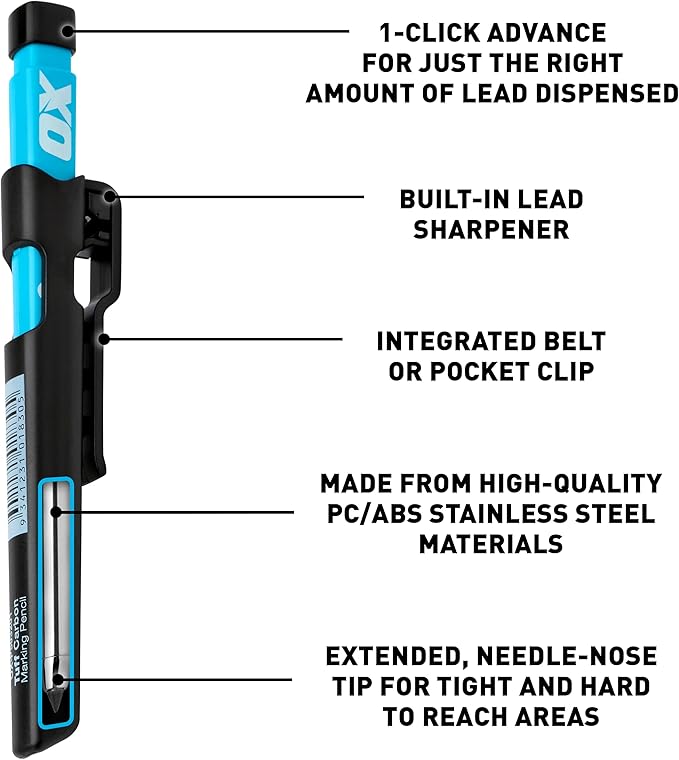 OX Tools Carpenter Pencils Mechanical Set – Heavy Duty Construction Pencil with Belt Clip, Sharpener, Holder & 4 Refillable 2.8mm Leads – Precision Mechanical Carpenter Pencil - Woodworking Pencils