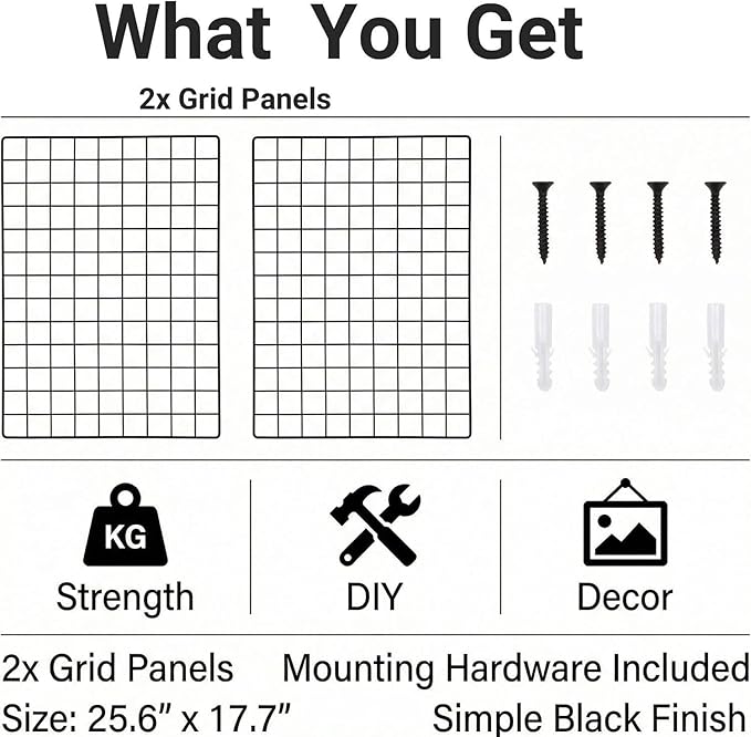 Kaforise Wire Wall Grid Panel, Multifunction Painted Photo Hanging Display and Wall Storage Organizer, Pack of 2, Size 25.6x17.7inch, Black