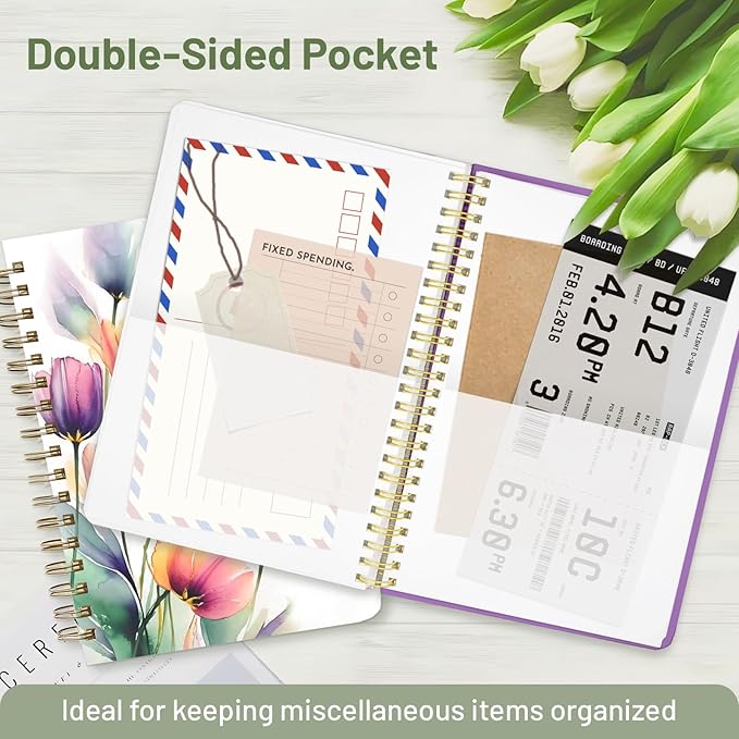 Stanoha Cute Spiral Notebook A5 Journal for Women Girls Kawaii Aesthetic Pretty Floral Design with Pocket, 8.5 x 5.7 inch, Graph, Watercolor Flower