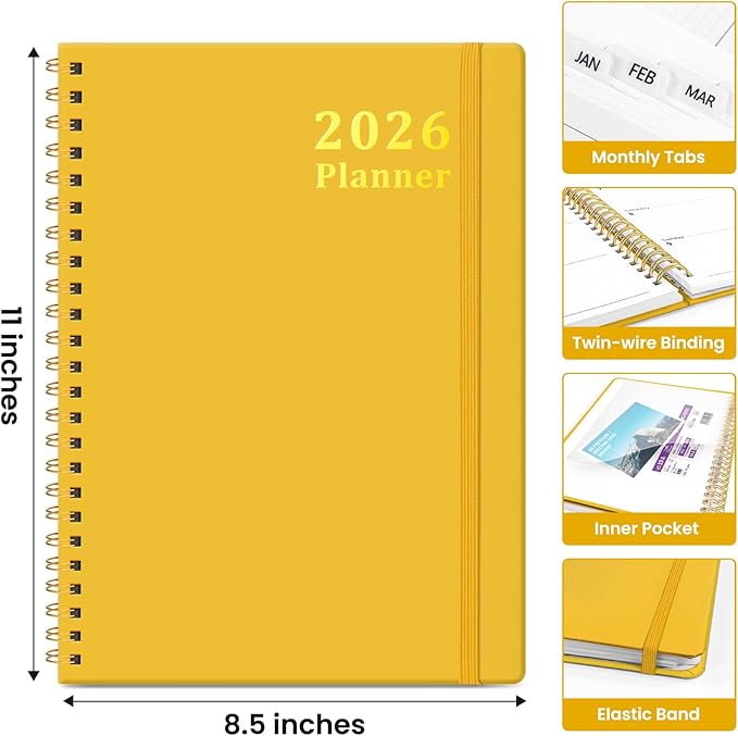 2026 Planner, Weekly and Monthly Calendar Planner, January 2026 - December 2026, Hardcover 2026 Calendar Book with Tabs For Women & Men, Inner Pocket, Spiral Bound, Perfect for Office Home School Supplies - A4 (8.5" x 11"), Yellow