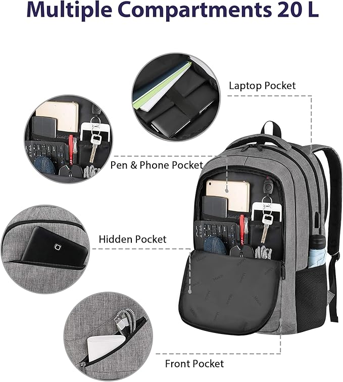 MATEIN Laptop Backpack 15.6 Inch, 20 L Personal Item Bag Airport Approved, Water Resistant Work Commute Computer Backpack with TSA Laptop Compartment, Gifts for Women Men, Grey