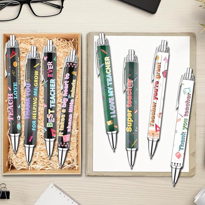 Teacher Appreciation Week Ballpoint Pens Set of 8 – Teacher Theme Pens with Book, Pencil & Classroom Supply Designs and Inspiring Quotes – Smooth Black Ink Pens for Classroom, Office, Thank You Gifts
