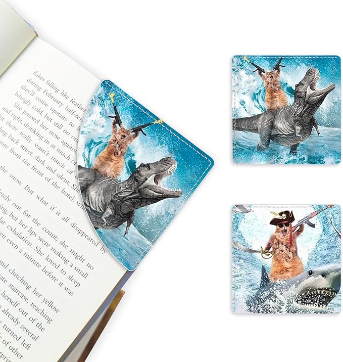 2 Pack Funny Cat and Shark Leather Book Corner Bookmark, Durable Handmade Reading Accessories - Gifts for Readers, Women, Men, Teachers, Students 2